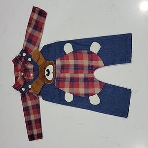 Red Plaid Long-Sleeve Shirt Romper and 100% Cotton Denim Overalls Set